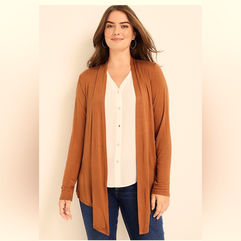 Maurice’s Solid Long Sleeve Waterfall Front Cardigan, Cognac, XL,